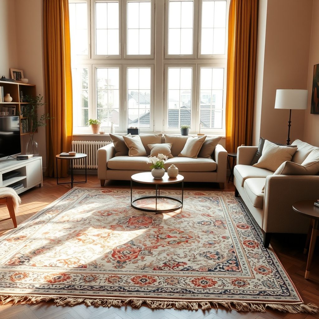 Stylish rug in a cozy apartment setting